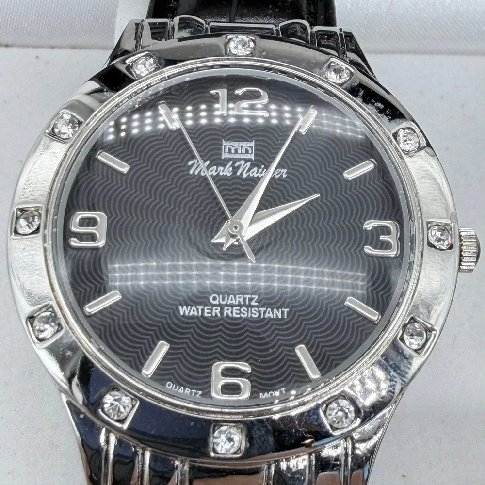 Mark Naimer Celebrity Couples Unisex Quartz Leather Black Crystal Watch Set